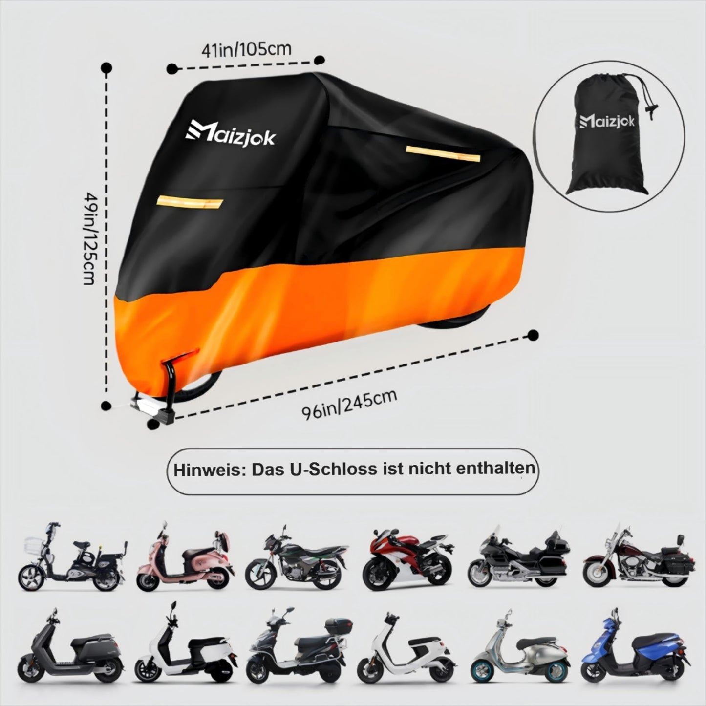 Maizjok Motorrad Abdeckplane Outdoor Motorradabdeckung Wasserdicht 210D Motorrad Garage Plane, Motorradplane Abdeckung Winterfest für Moped Roller Motoroller Motor Enduro/Straßen (245x105x125cm)